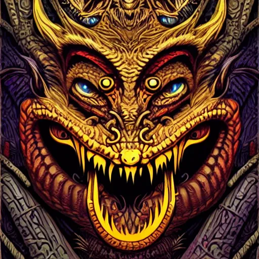 Prompt: barong family member, wiwek, mara demon, one single tribe member, jungle, one single mask, dark, ancient warrior, snake, dragon, tribal, inner glow, art by dan mumford and justin gerard