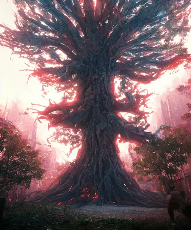 Prompt: monster tree, ray tracing effects, rtx on, award winning photograph, realistic, by jim lee, photorealism, advanced graphics, magnum opus, cyberpunk, ablaze, consumed by flames, unreal engine 5, crisp, max settings