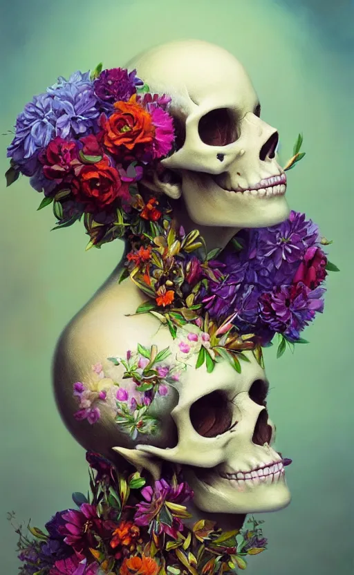 Prompt: a beautiful oil painting hyperrealism of a beautiful woman, skull makeup, flowers, floral headdress, 8 k resolution, octane render, trending on artstation, by gediminas pranckevicius, volumetric light 2 blue fractal thunder glow by dan mumford, anaglyph effect, laurie lipton