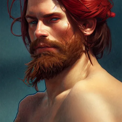 Prompt: portrait of a young rugged pirate, male, masculine, upper body, red hair, long hair, D&D, fantasy, intricate, elegant, highly detailed, digital painting, artstation, concept art, matte, sharp focus, illustration, art by Artgerm and Greg Rutkowski and Alphonse Mucha