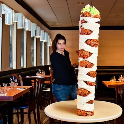 Image similar to 6 ft tall parfait in restaurant, surrounded by customers, flash photography