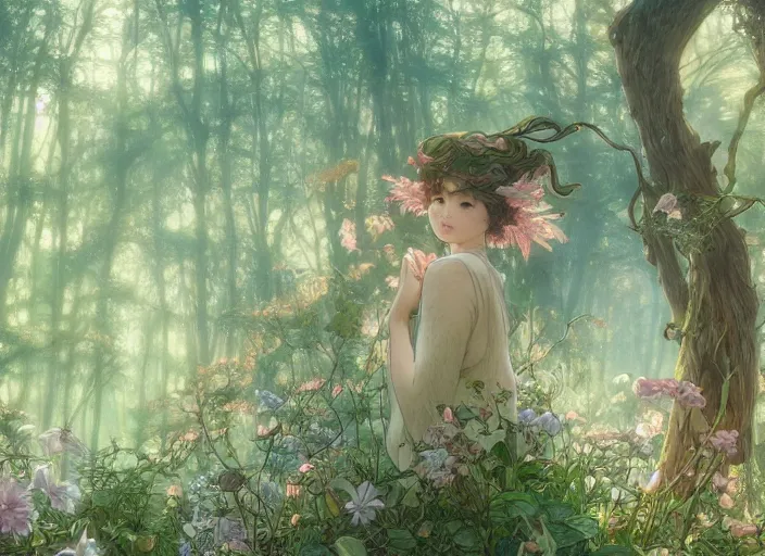 Image similar to desktop background, beautiful fantasy forest, path traced, highly detailed, high quality, digital painting, by studio ghibli and alphonse mucha, leesha hannigan, hidari, art nouveau, chiho aoshima, jules bastien - lepage