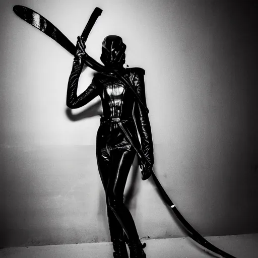 Image similar to fashion photography of an extraterrestrial model, holding a leather whip, wearing demobaza fashion, inside berghain, berlin fashion, harness, futuristic fashion, dark minimal outfit, photo 3 5 mm leica, hyperdetail, berghain, 8 k, very detailed, photo by nick knight