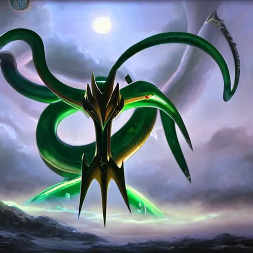 Image similar to Rayquaza (From Pokémon), elden ring boss, matte painting, detailed, elden ring, oil on canvas