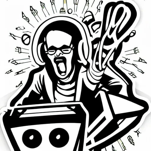 Image similar to svg vector sticker of absolutely insane-mad-scientist-villain, rocking out, wearing headphones, huge speakers, dancing, rave, DJ, spinning records, digital art, amazing composition, rule-of-thirds, award-winning, trending on artstation, featured on deviantart