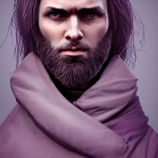 Image similar to a highly detailed portrait of a man without a beard, purple eyes, light gray long hair, wearing a black cloak, artstation, DeviantArt, professional, octane render