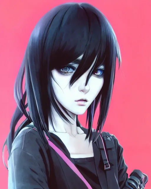 Image similar to portrait Anime goth cyberpunk girl, cute-fine-face, black-hair pretty face, realistic shaded Perfect face, fine details. Anime. realistic shaded lighting by Ilya Kuvshinov katsuhiro otomo ghost-in-the-shell, magali villeneuve, artgerm, rutkowski, WLOP Jeremy Lipkin and Giuseppe Dangelico Pino and Michael Garmash and Rob Rey