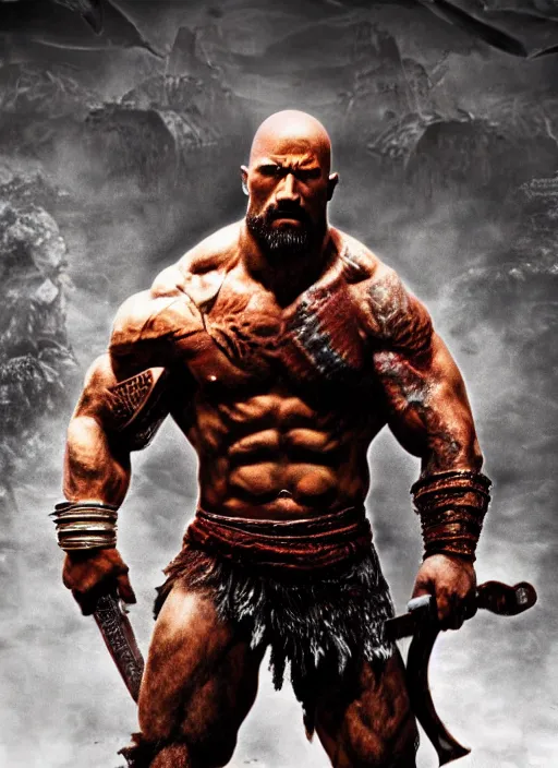 Image similar to a highly detailed beautiful 3 5 mm photo of dwayne johnson kratos hybrid god of war holding a sword and fighting zombies on a pile of human skulls, spartan warrior, olympian god, muscular!, frank frazetta, boris vallejo, action pose, ambient lighting, volumetric lighting, octane, fantasy