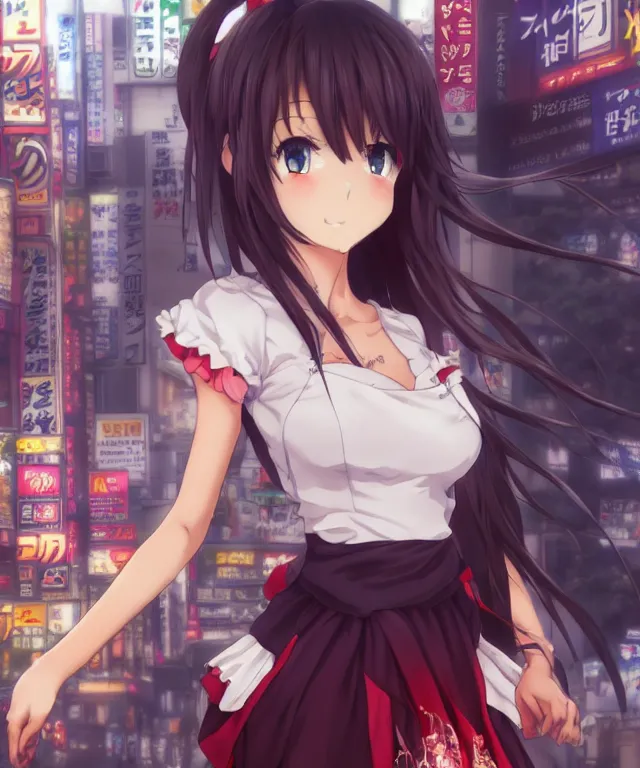 Prompt: anime maid with flyers in akihabara by charlie bowater and titian and artgerm, full - body portrait, intricate, face, tokyo akihabara street cityscape, elegant, beautiful, highly detailed, dramatic lighting, sharp focus, trending on artstation, artstationhd, artstationhq, unreal engine, 4 k, 8 k