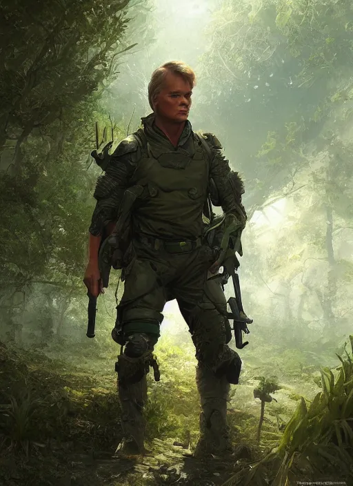 Prompt: portrait of a young richard dean anderson wearing a green combat uniform, in a post apocalyptic city overgrown by plants, by wlop, by greg rutkowski, cover illustration, concept art, volumetric lighting, volumetric atmosphere, sharp focus, octane render, trending on artstation, 8 k