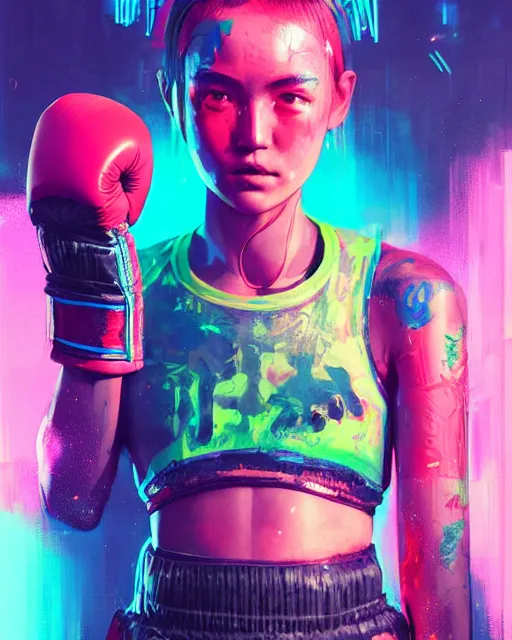 Image similar to detailed portrait Neon boxer Girl, cyberpunk futuristic neon, reflective crop top and shorts, boxing gloves, decorated with traditional Japanese ornaments by Ismail inceoglu dragan bibin hans thoma greg rutkowski Alexandros Pyromallis Nekro Rene Maritte Illustrated, Perfect face, fine details, realistic shaded, fine-face, pretty face