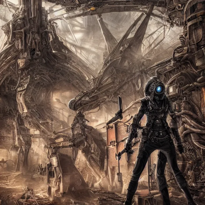 Image similar to apocalyptic woman in hood standing in hall of machinery and weaponry, hyper - detailed, smooth, sharp focus, 4 k ultra hd, fantasy dark art