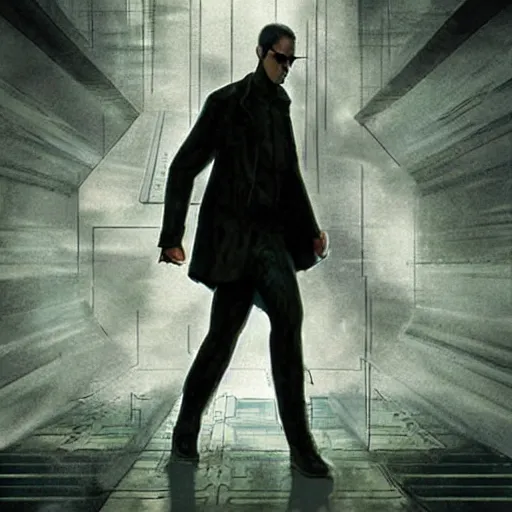 Image similar to a man walking into the matrix, concept art, illustration, highly detailed, artwork