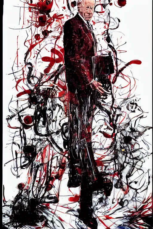 Image similar to Joe Biden full body shot, Body horror, biopunk, by Ralph Steadman, Francis Bacon, Hunter S Thompson