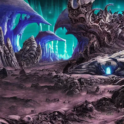 Prompt: epic landscape of planet cocytus from the game the dig, lucasarts, twilight, alien planet, bill tiller style, detailed