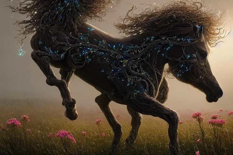 Image similar to a stunning digital painting of a horse made of intricately engraved gnarled wood with a mane of bioluminescent flowers running through a field of flowers by greg rutkowski, flowercore, volumetric light, digital art, fine detail, photorealistic