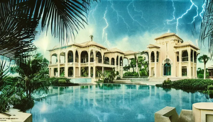 Image similar to A 1985 vintage magazine architecture photo of a mansion, mediterranean architecture, refracted lines and sparkles, thunderstorm outside, beach and tropical vegetation on the background major arcana sky and occult symbols, hyperrealistic 8k uhd, award-winning, 1985