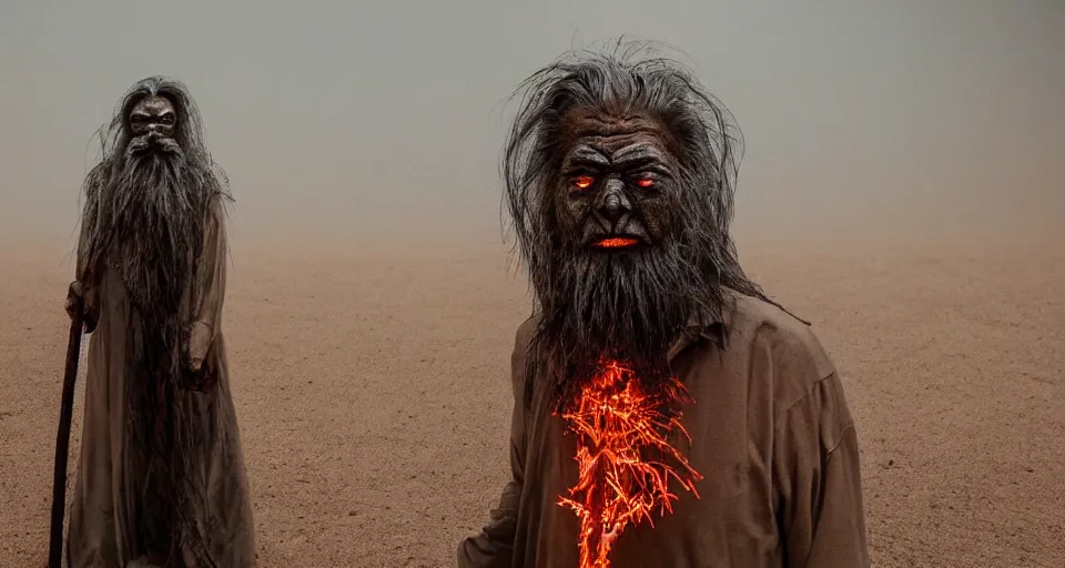 Prompt: full body shot of old asian man with long beard, his head covered in roots, full face occult silver mask, bright multiple glowing eyes, holding a large carved wooden dark fractal stick, thick smoke around him, in the burning soil desert, cinematic shot, wide angle, dark desert background, volumetric lighting by Denis Villeneuve, Lubezki, Gaspar Noe, Christopher Doyle and Alejandro Jodorowsky, anamorphic lens, anamorphic lens flares, kodakchrome, cinematic composition, practical effects, award winning photo, 8k