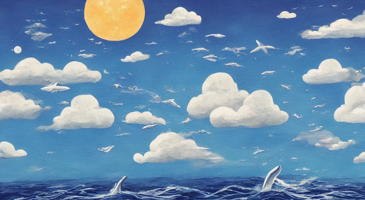 Prompt: ocean in the sky, whales, clouds, moon, water