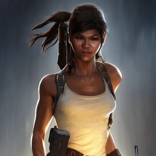 Prompt: a potrait of Zendaya as Lara Croft Tomb Raider by Greg Rutkowski, Sung Choi, Mitchell Mohrhauser, Maciej Kuciara, Johnson Ting, Maxim Verehin, Peter Konig, 8k photorealistic, cinematic lighting, HD, high details, dramatic, trending on artstation, full body shot