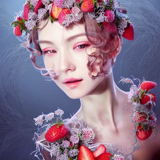 Image similar to the portrait of an absurdly beautiful, graceful, elegant, sophisticated, fashionable young gravure idol made of strawberries and white petals, an ultrafine hyperdetailed illustration by kim jung gi, irakli nadar, intricate linework, bright colors, octopath traveler, final fantasy, unreal engine 5 highly rendered, global illumination, radiant light, detailed and intricate environment