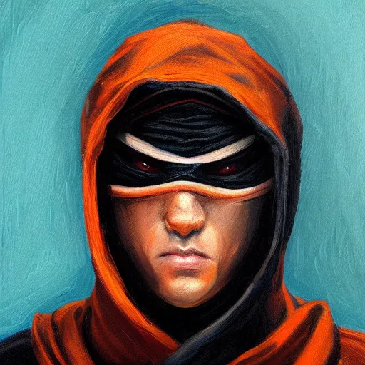 Image similar to hooded ninja, oil painting, portrait, intricate complexity, rule of thirds, character concept, dramatic lighting, complementary colors