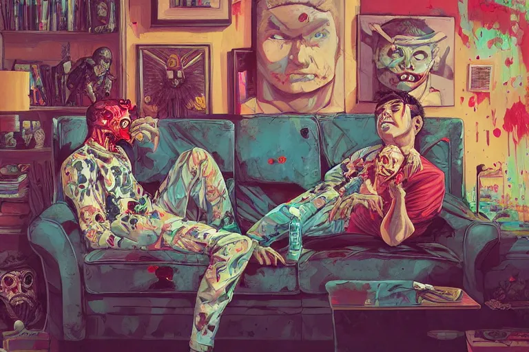 Prompt: a zombie dad on the couch, Tristan Eaton, victo ngai, artgerm, RHADS, ross draws