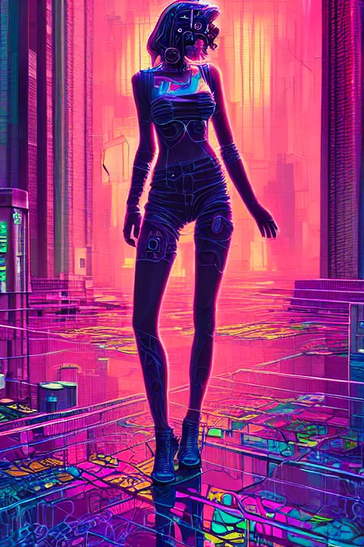 Prompt: dreamy cyberpunk girl full body shot, abstract background, digital nodes, beautiful woman, detailed acrylic, grunge, intricate complexity, by dan mumford and by jonathan solter