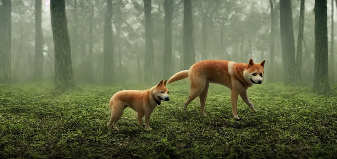 Prompt: a complex organic fractal 3 d metallic symbiotic ceramic humanoid megastructure shiba inu in a swampy lush forest, foggy, cinematic shot, photo still from movie by denis villeneuve