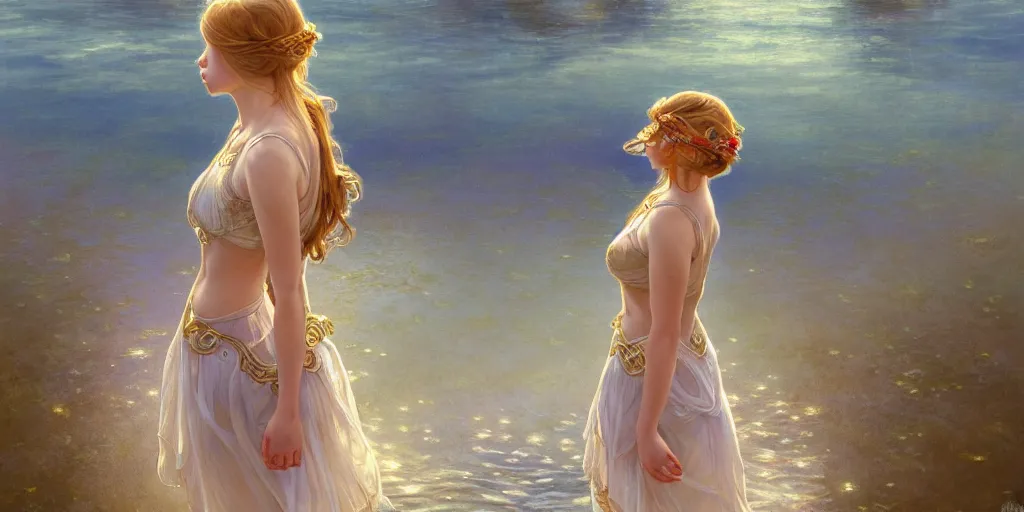 Prompt: highly detailed portrait of a barefoot white skirt girl stand on the water, water surface reflection, the calm sea level, ultra wide angle, gold filigree, romantic storybook fantasy, soft cinematic lighting, award, disney concept art watercolor illustration by mandy jurgens and alphonse mucha and alena aenami, pastel color palette, featured on artstation