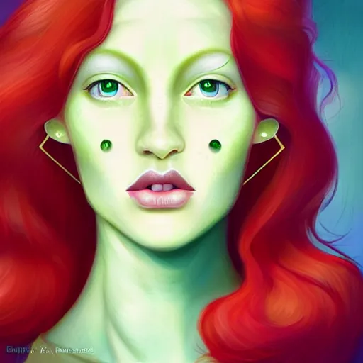 Image similar to an elegant Redhead Pleiadian alien human beautiful hybrid feminine woman, green skin, long gorgeous red hair in loose curls, with stunning green eyes, cute face and a roundish nose, as a retrofuturistic heroine, face and body, gorgeous psychedelic digital painting, artstation, concept art, smooth, sharp focus, illustration, art by artgerm and donato giancola and Joseph Christian Leyendecker, Ross Tran, WLOP