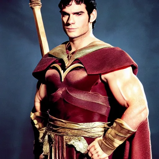 Image similar to Henly Cavill wearing as Conan The Babarian 1982, promo shoot, studio lighting