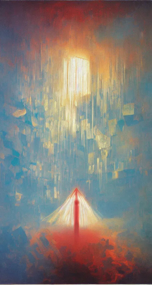 Prompt: a gigantic glowing crystal tesseract orb illuminating a small room, very bright white light, high detailed beksinski painting, part by adrian ghenie and gerhard richter. masterpiece, deep colours, blue