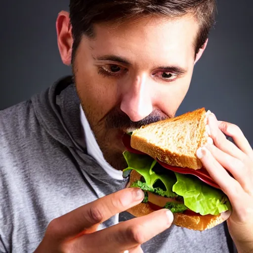 Prompt: a medium shot studio photograph of a man 35 years old eating a sandwich of microphone