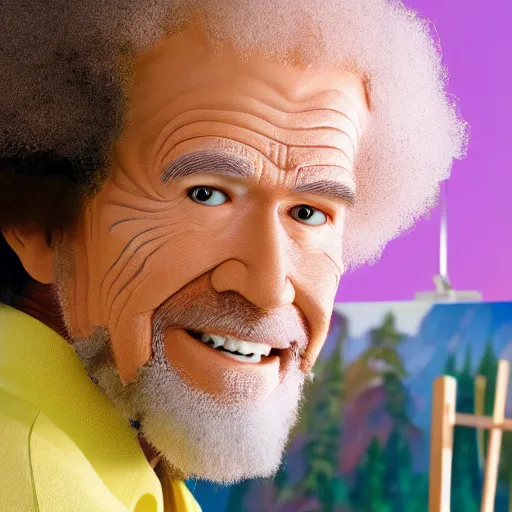 Prompt: a closeup photorealistic photograph of bob ross working on a canvas painting of an iron man bob ross. lit studio, mountain scape. film still, vibrant colors. this 4 k hd image is trending on artstation, featured on behance, well - rendered, extra crisp, features intricate detail, epic composition and the style of unreal engine.