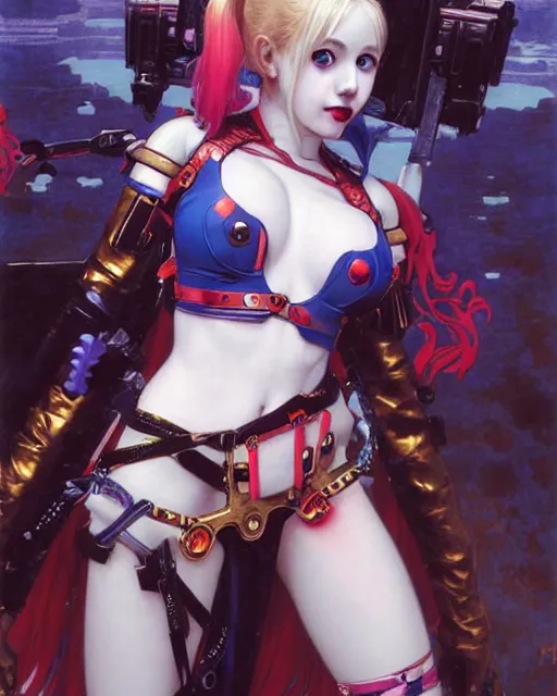 Image similar to portrait of beautiful cute maiden anime harley quinn girl in warhammer mechanical armor, high details, art by ( ( ( kuvshinov ilya ) ) ) and wayne barlowe and gustav klimt and artgerm and wlop and william - adolphe bouguereau