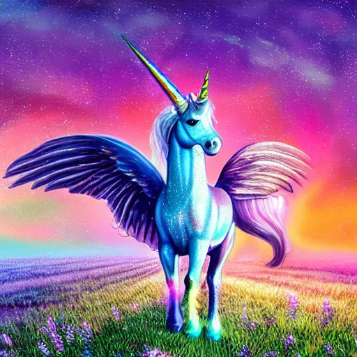 Prompt: a iridescent unicorn with wings eating in a field of marijuana, wildlife photography, 8 k, highly detailed