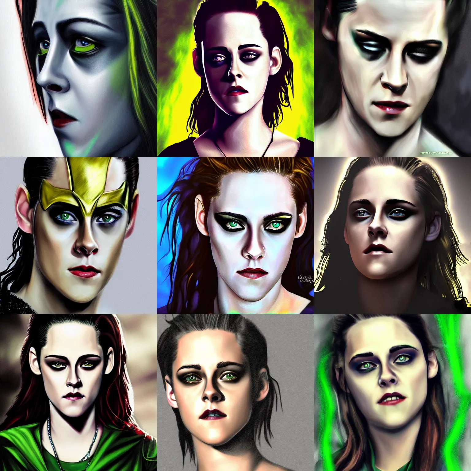 Prompt: Kristen Stewart as Loki, photorealistic digital painting