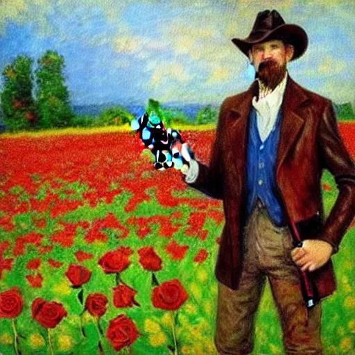 Image similar to an impressionist painting of a tall man with blue eyes and brown hair that is wearing a wide brim leather hat and a leather vest. He is holding a revolver in his left hand and a ((((red rose is in his right hand))))!!!!!!!!!!!, He is standing in a field of roses, Blue sky in the background, trending on artstation