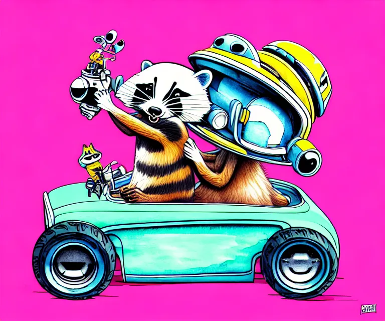 Image similar to cute and funny, racoon wearing a helmet riding in a tiny hot rod with oversized engine, ratfink style by ed roth, centered award winning watercolor pen illustration, isometric illustration by raymond edmonds, edited by range murata, tiny details by artgerm, symmetrically isometrically centered