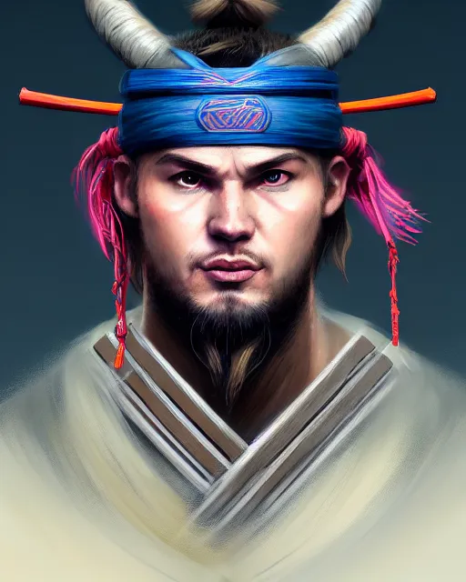 Prompt: face portrait of luka doncic as a muscular ronin samurai, wearing a haori, by wlop and peter mohrbacher, dramatic action pose, extremely detailed shading, concept art, digital painting, trending on artstation, unreal engine 5, octane render, atmosphere, glow, cinematic lighting, full of color