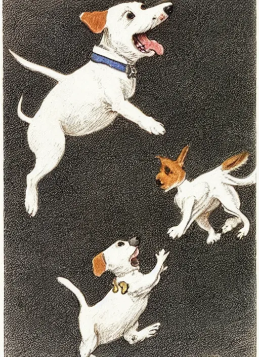 Image similar to jack russel terrier jumping from the ground over a small house, illustrated by peggy fortnum and beatrix potter and sir john tenniel