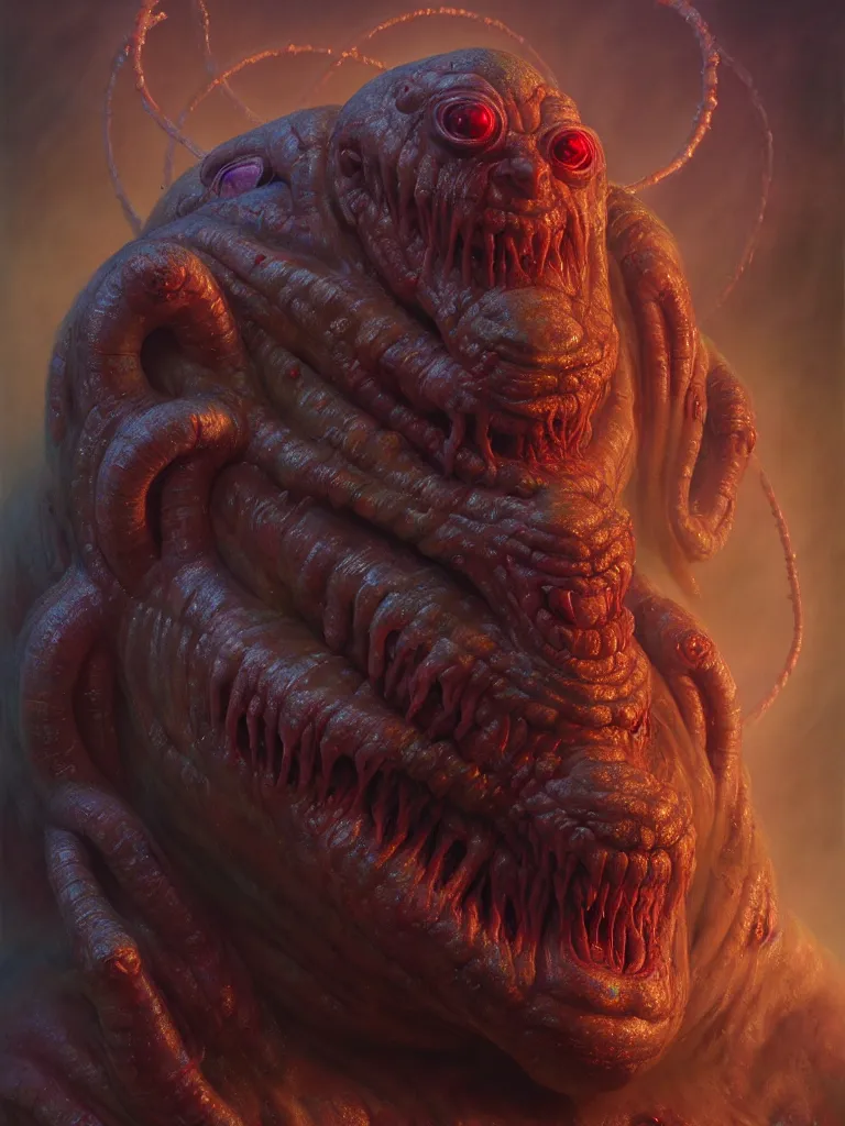 Image similar to hyperrealistic rendering, fat smooth cronenberg flesh monster epic heavy metal overlord by donato giancola and greg rutkowski and wayne barlow and zdzisław beksinski, eyeballs, lightning, magic runes, product photography, action figure, sofubi, studio lighting, colored gels, colored background