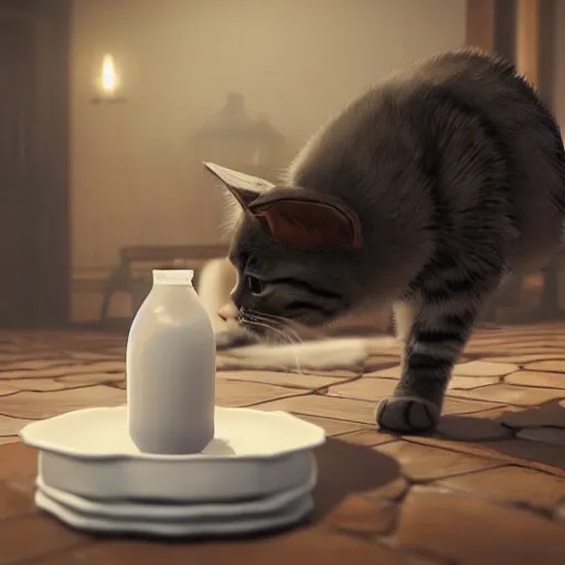 Image similar to cute cat drinks milk from a porcelain plate, in game pathologic 2, digital art, unreal engine, cinematic composition, sharp, details, hyper - detailed, hd