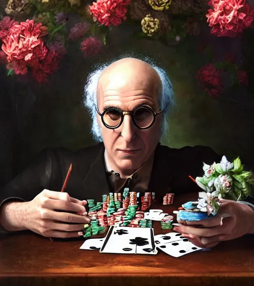 Image similar to portrait of larry david of the underworld playing poker, surrounded by flowers by karol bak, james jean, tom bagshaw, rococo, trending on artstation, cinematic lighting, hyper realism, octane render, 8 k, hyper detailed.