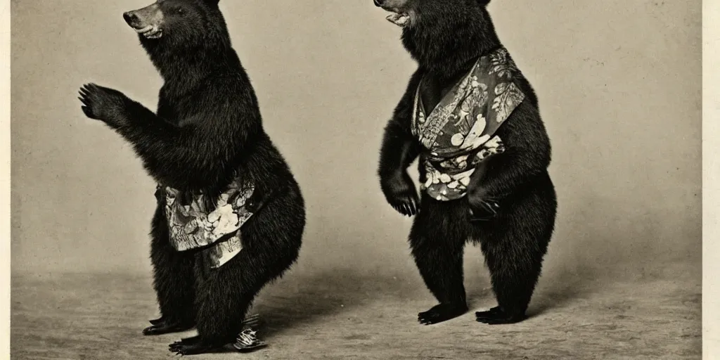 Image similar to anthropomorphic asian black bear in kimono, 1900s photo