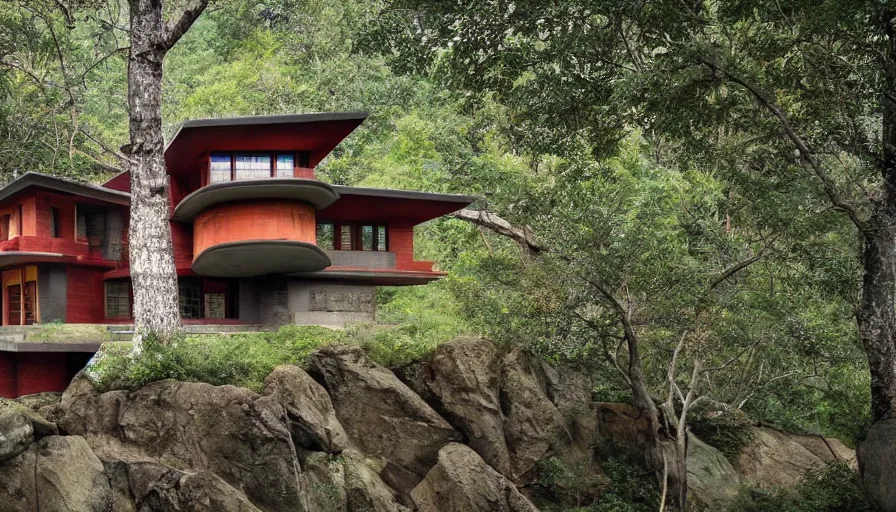 Prompt: small modern house, tibetan inspired architecture, on a green hill between trees and big boulders, frank lloyd wright, photorealistic, cyberpunk