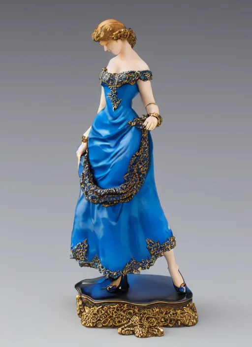 Prompt: 80mm, resin detailed model figure of a female wearing a blue baroque dress with glod ornaments
