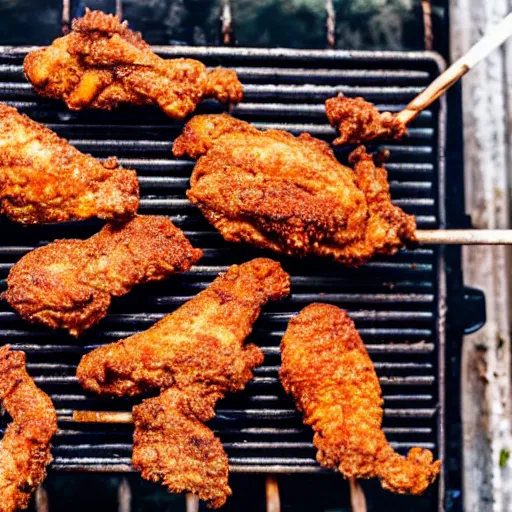 Prompt: photo of fried chicken on a charcoal bbq