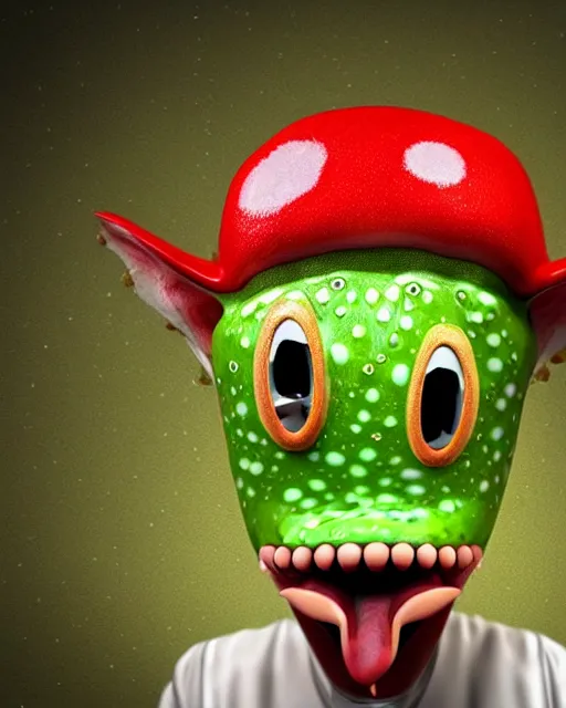 Prompt: hyperrealistic anthropomorphic cartoon 3 d unreal engine red and white polka dot venus fly trap thick lips wet tongue eating photorealistic italian plumber photography portrait